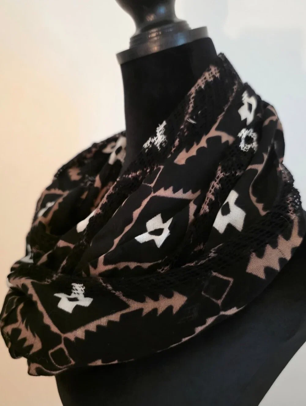 Black Paterned Infinity Scarf Southwestern/ Aztec Inspired Geometric Print